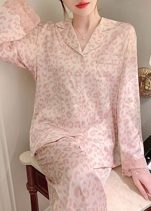 Bohemian Pink Leopard Lace Patchwork Ice Silk Pajamas Two Pieces Set Spring