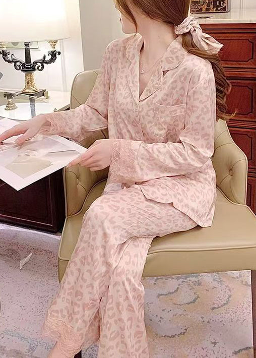 Bohemian Pink Leopard Lace Patchwork Ice Silk Pajamas Two Pieces Set Spring