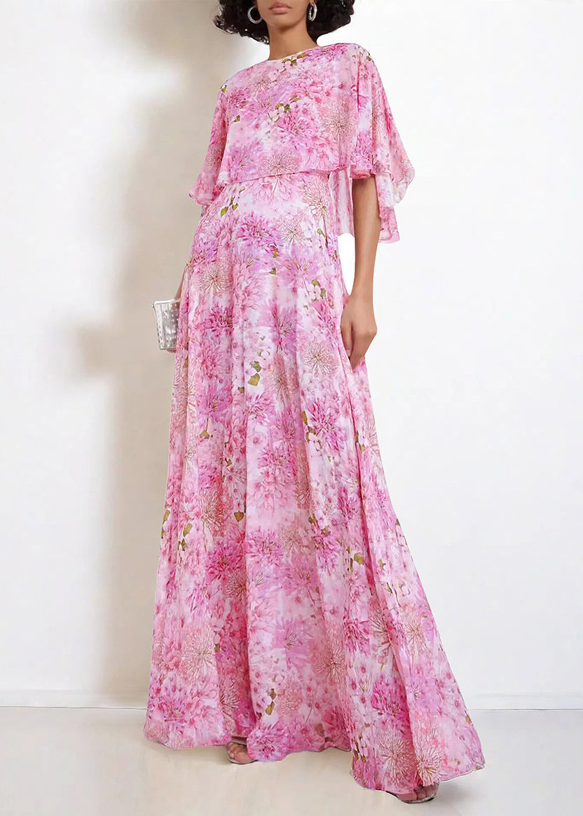 Bohemian Pink O Neck Print Chiffon Maxi Dresses Butterfly Sleeve