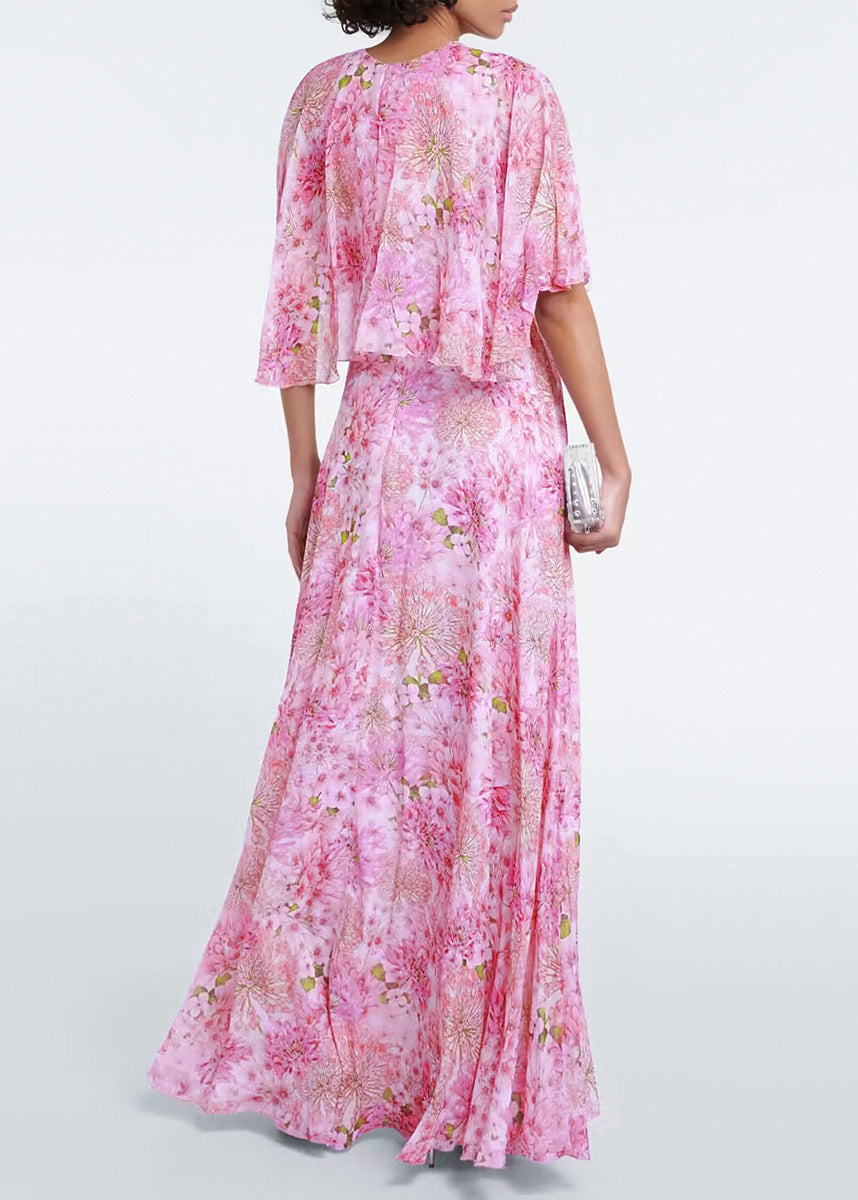 Bohemian Pink O Neck Print Chiffon Maxi Dresses Butterfly Sleeve