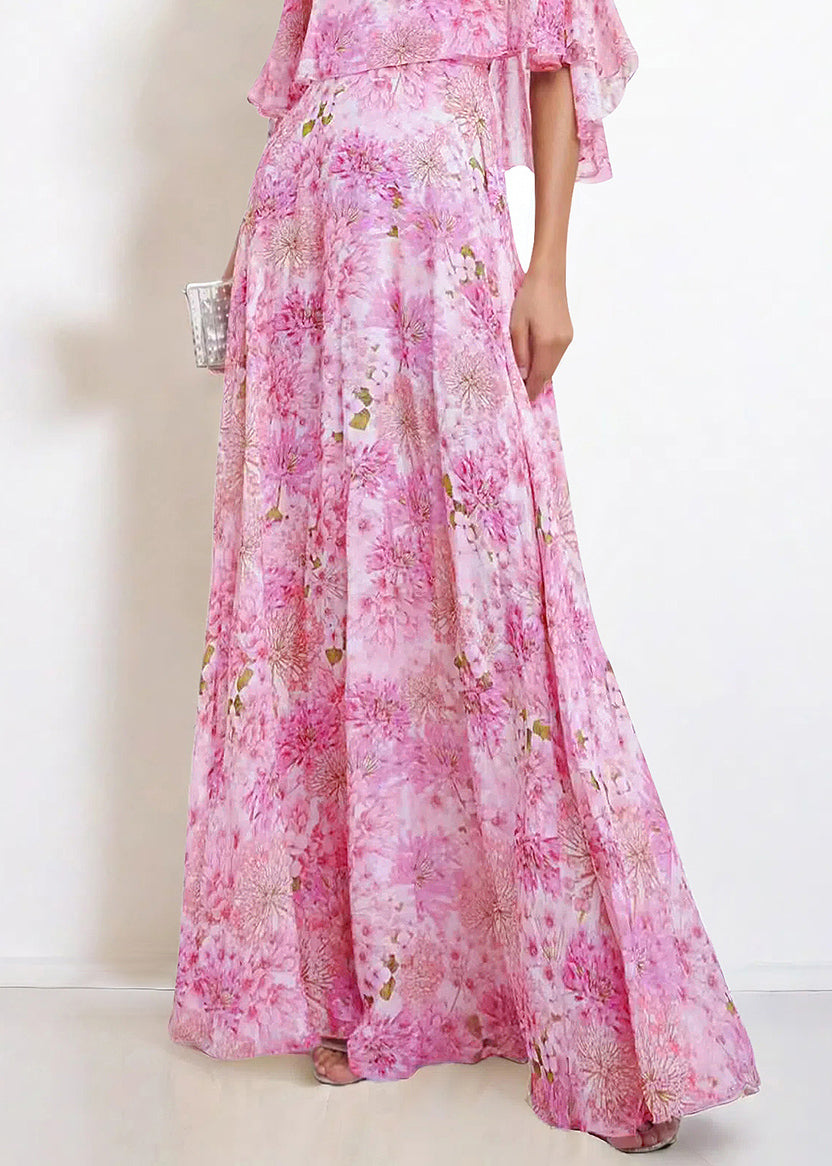 Bohemian Pink O Neck Print Chiffon Maxi Dresses Butterfly Sleeve