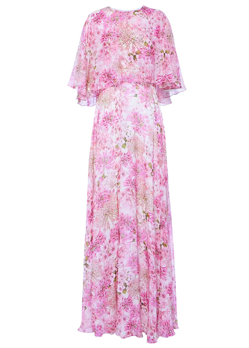 Bohemian Pink O Neck Print Chiffon Maxi Dresses Butterfly Sleeve