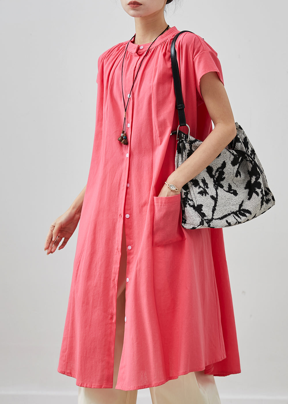 Bohemian Pink Oversized Cotton Mid Dress Summer