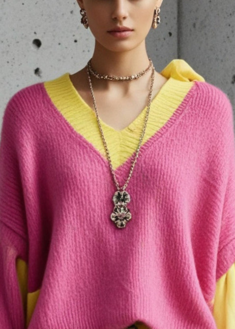 Bohemian Pink Oversized Patchwork Knit Sweater Tops Fall