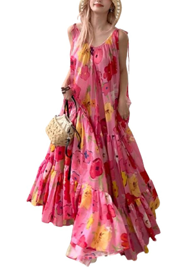 Bohemian Pink Print Wrinkled Patchwork Strap Dress Summer