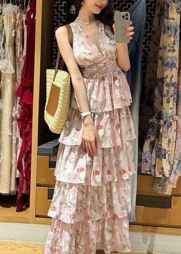 Bohemian Pink V Neck Print Chiffon Long Dresses Sleeveless