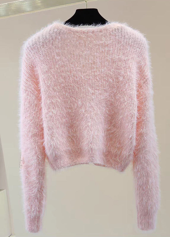 Bohemian Pink V Neck Zircon Thick Mink Hair Knitted Sweater Winter