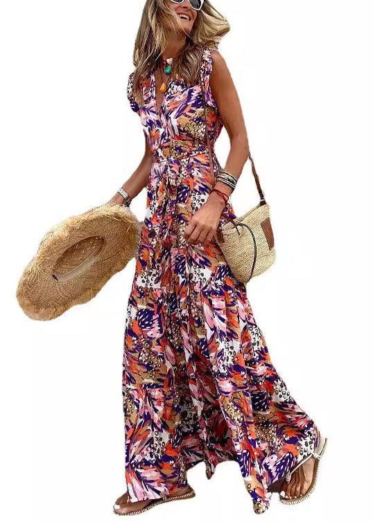 Bohemian Print Tie Waist Cotton Long Dress Sleeveless