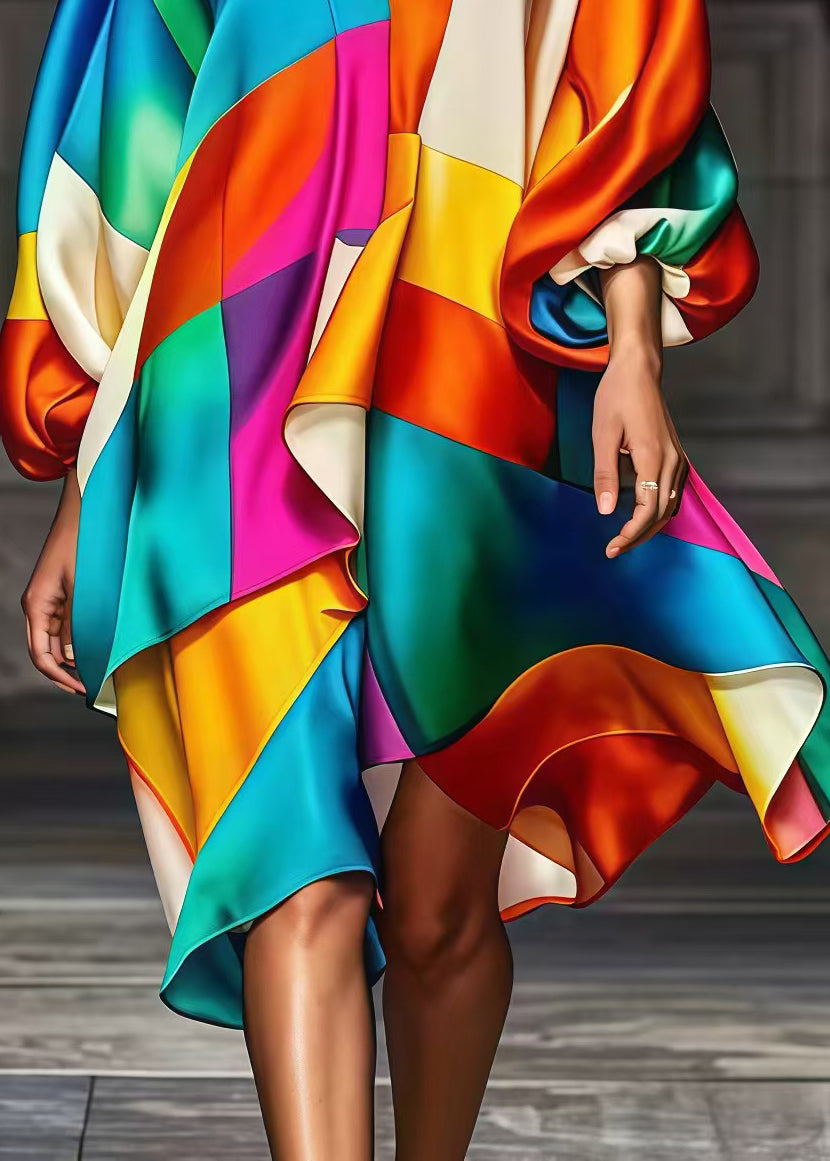 Bohemian Rainbow Asymmetrical Patchwork Silk Party Dress Fall