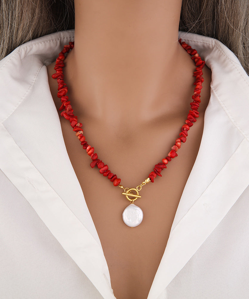 Bohemian Red Alloy Pearl Asymmetrical Beading Pendant Necklace