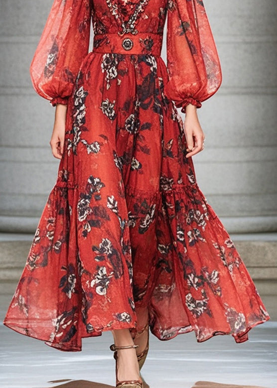 Bohemian Red Ruffled Print Chiffon Cinched Dress Fall