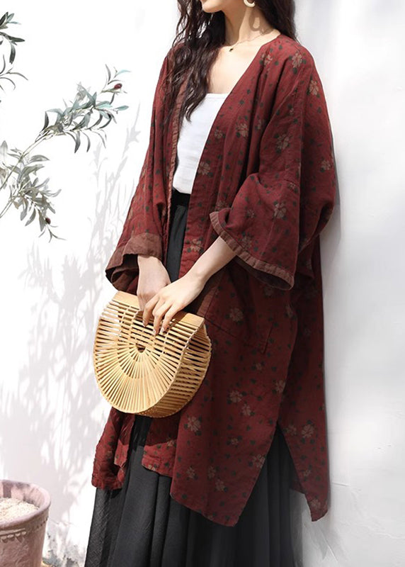 Bohemian Red V Neck Print Pockets Linen Cardigans Fall