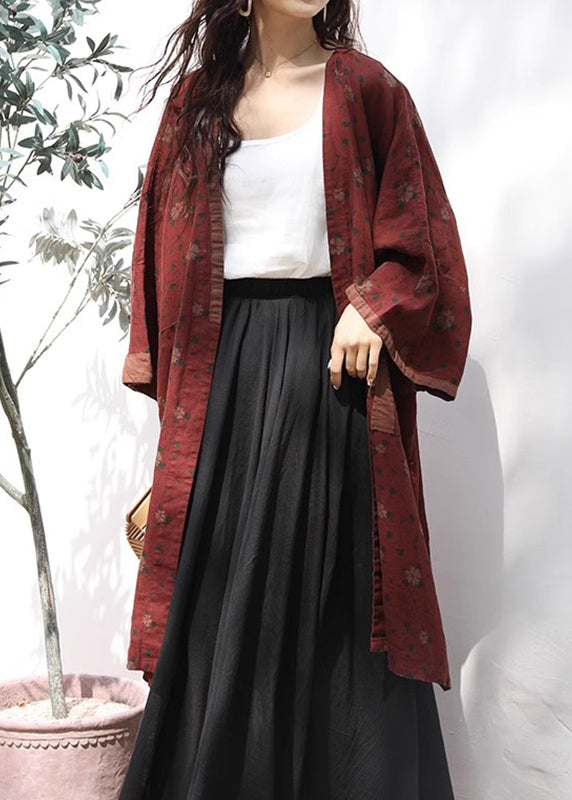 Bohemian Red V Neck Print Pockets Linen Cardigans Fall