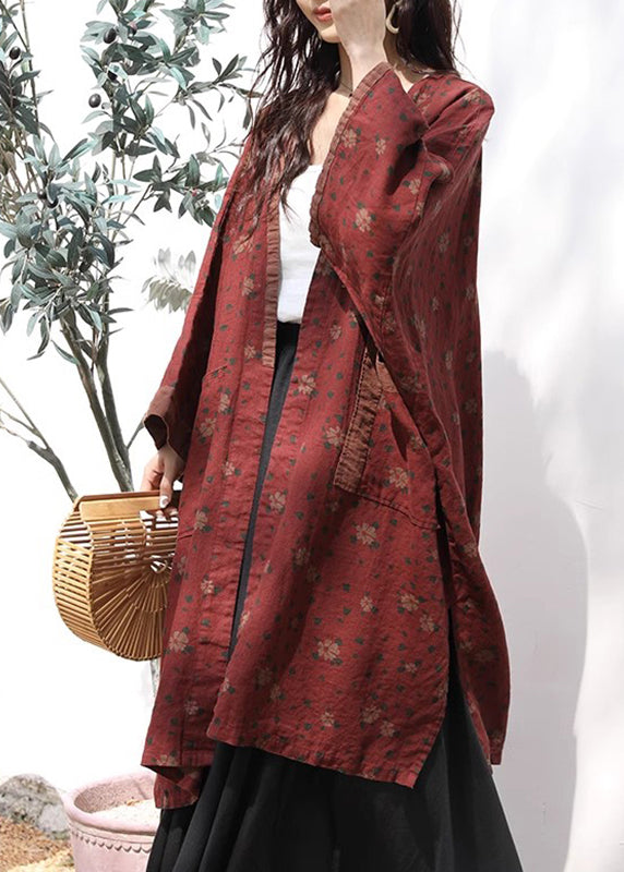 Bohemian Red V Neck Print Pockets Linen Cardigans Fall