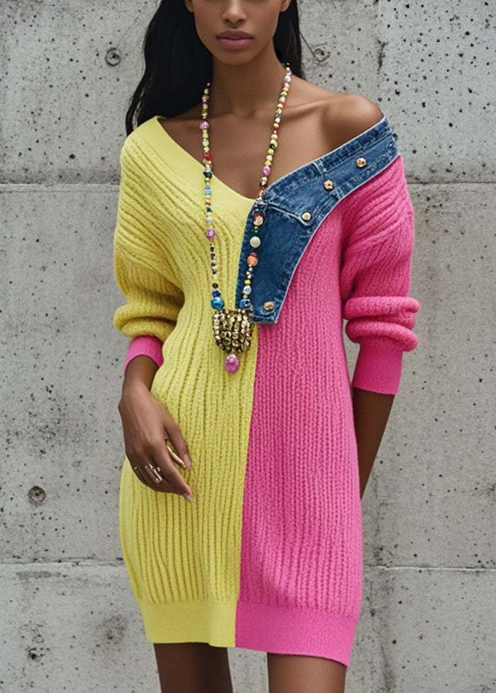 Bohemian Rose Asymmetrical Patchwork Denim Knitted Dress Fall