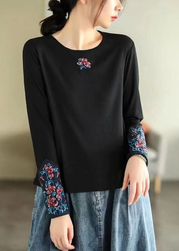 Bohemian Rose O Neck Embroidered Cotton T Shirts Spring