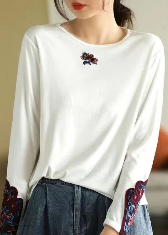 Bohemian Rose O Neck Embroidered Cotton T Shirts Spring