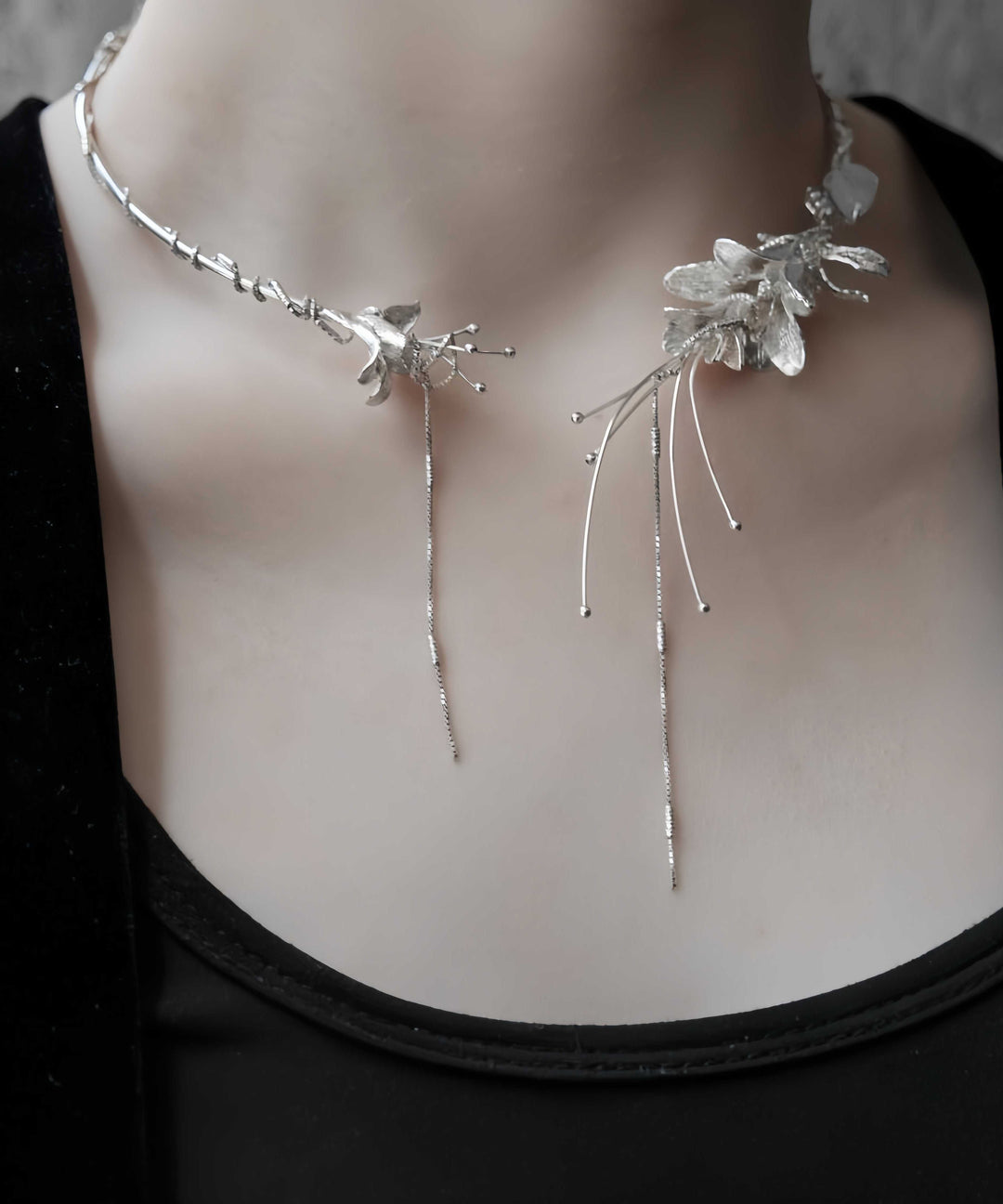 Bohemian Silk Sterling Silver Floral Tassel Choker