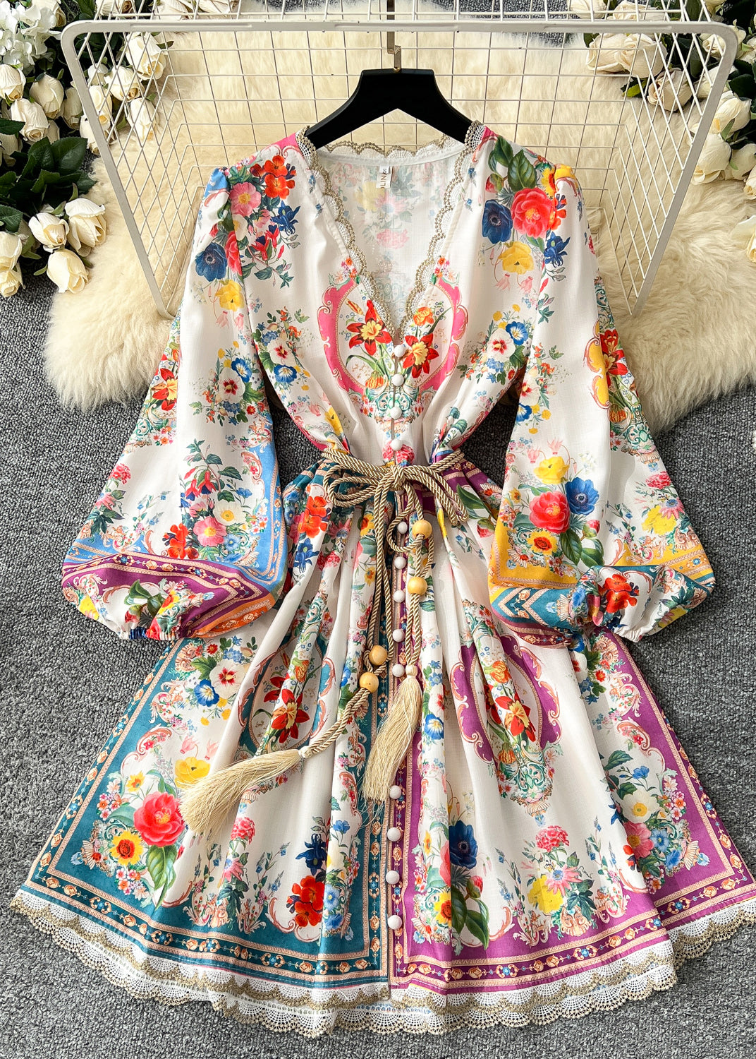 Bohemian Tie Waist Print Chiffon Tea Dress Spring