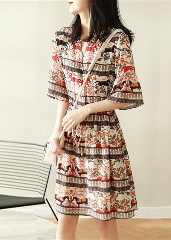 Bohemian V Neck Print Chiffon Dress Flare Sleeve