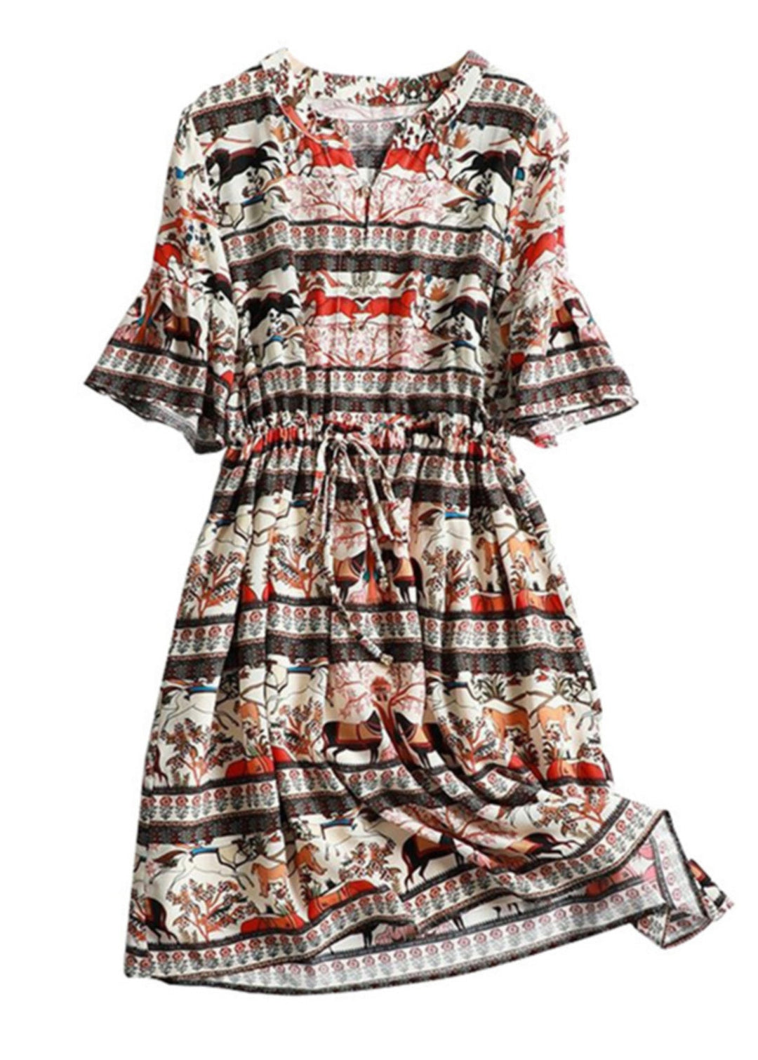 Bohemian V Neck Print Chiffon Dress Flare Sleeve