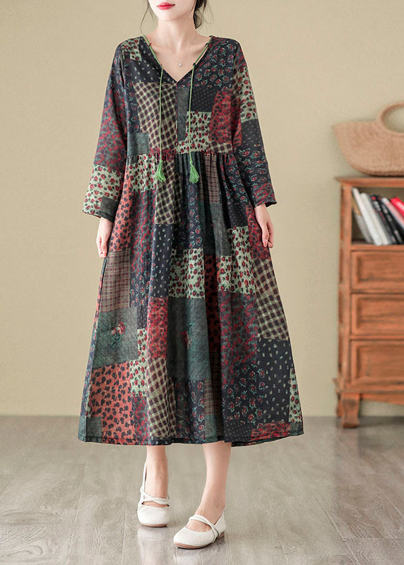 Bohemian V Neck Print Patchwork Cotton Long Dress Fall