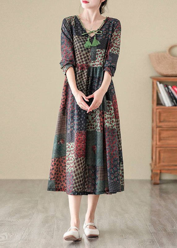 Bohemian V Neck Print Patchwork Cotton Long Dress Fall