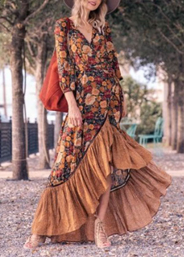 Bohemian V Neck Print Tie Waist Cotton Long Dresses Spring