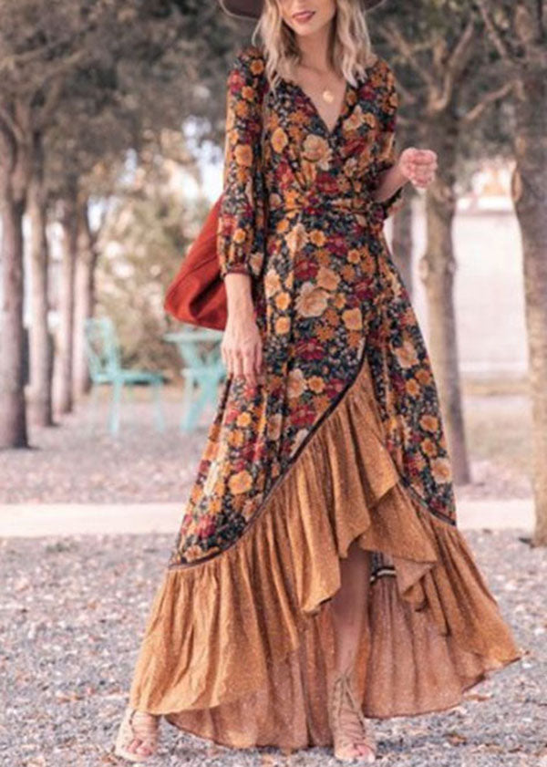 Bohemian V Neck Print Tie Waist Cotton Long Dresses Spring