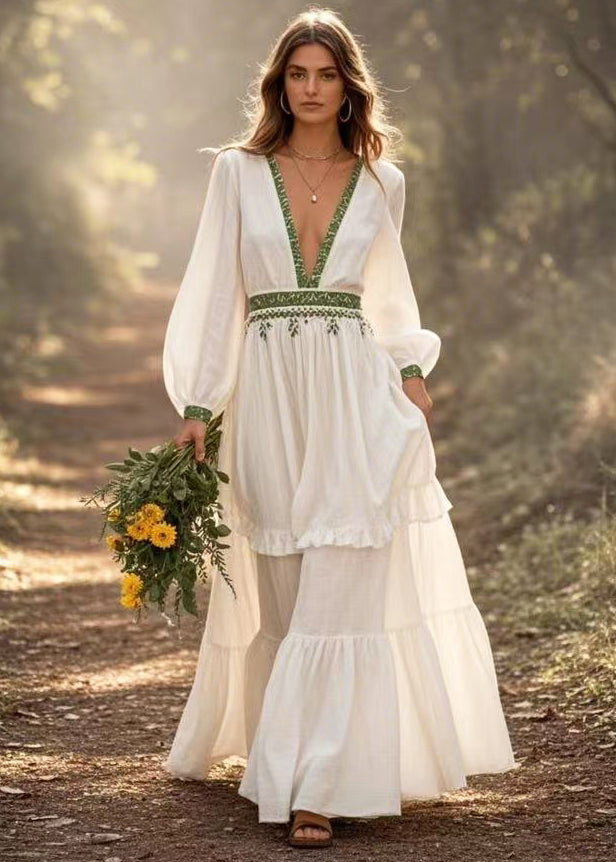 Bohemian White Deep-V Neck Exra Large Hem Long Dress Spring