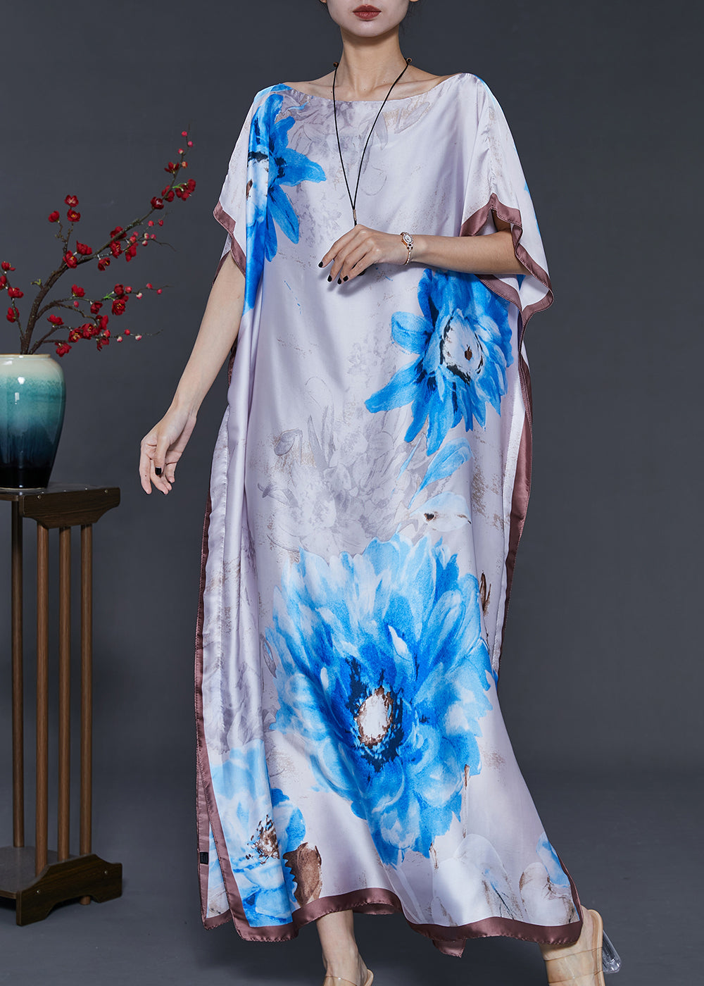 Bohemian White Flower Print Silk Maxi Dresses Summer