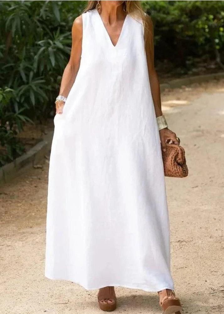 Bohemian White V Neck Cotton A Line Dress Sleeveless