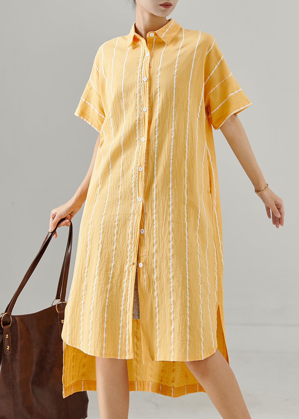 Bohemian Yellow Striped Low High Design Cotton Dresses Summer