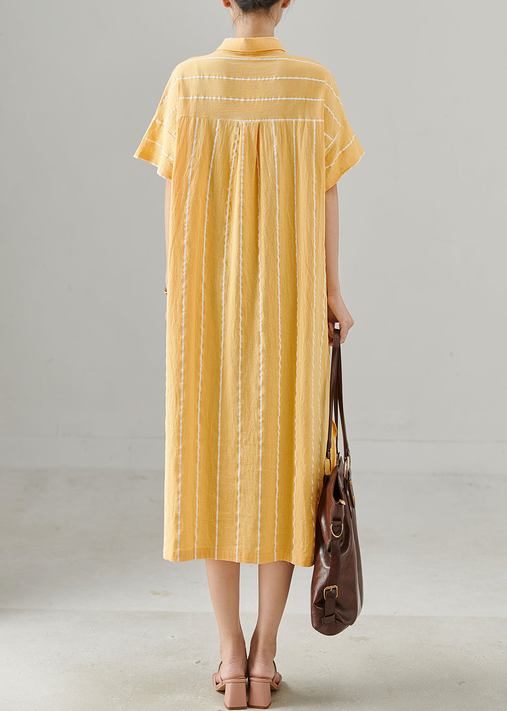 Bohemian Yellow Striped Low High Design Cotton Dresses Summer