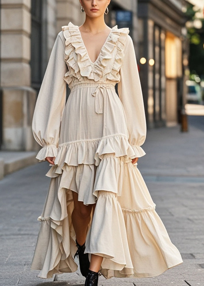 Boho Apricot Ruffled Asymmetrical Design Cotton Cinched Dress Fall