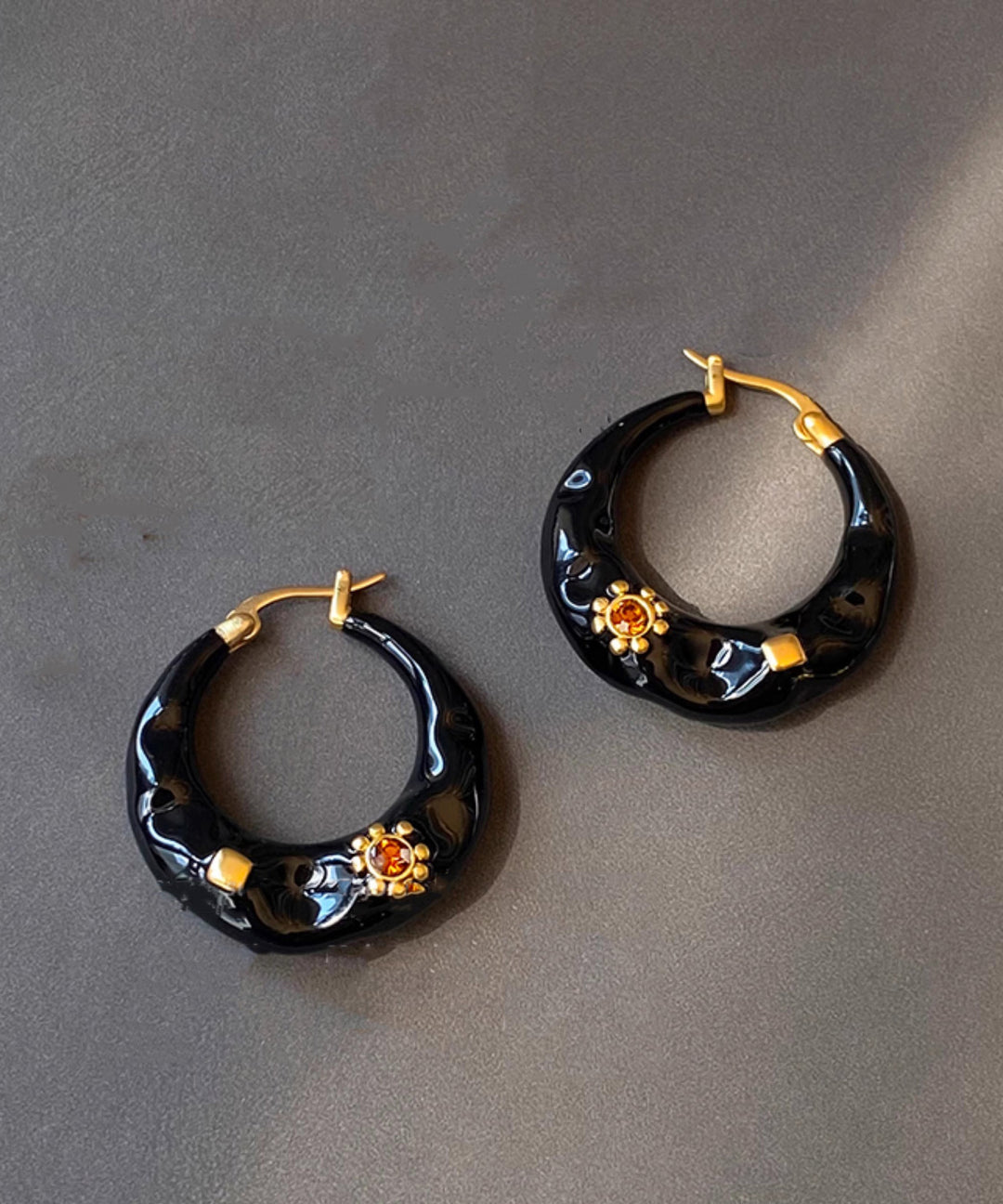 Boho Black Copper Alloy Enamel Drop Glaze C Shaped Hoop Earrings