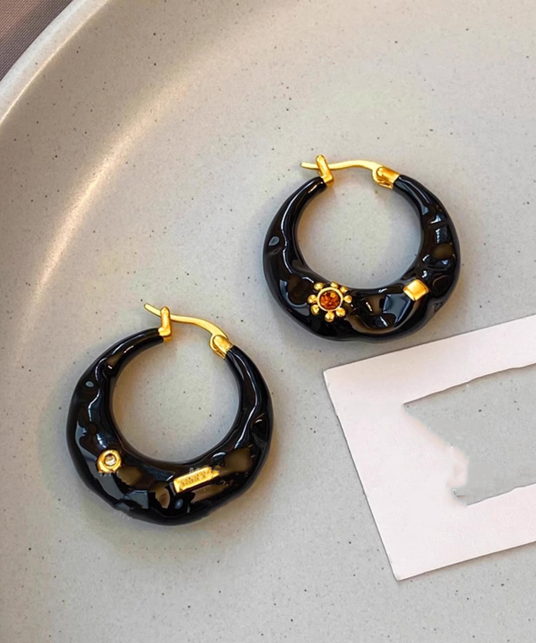 Boho Black Copper Alloy Enamel Drop Glaze C Shaped Hoop Earrings