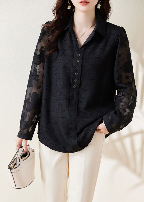 Boho Black Jacquard Draping Chiffon Shirt Spring