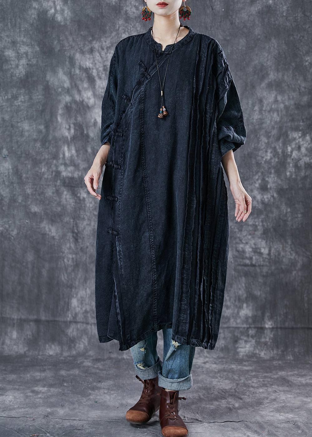 Boho Black Oversized Wrinkled Denim Oriental Dress Spring