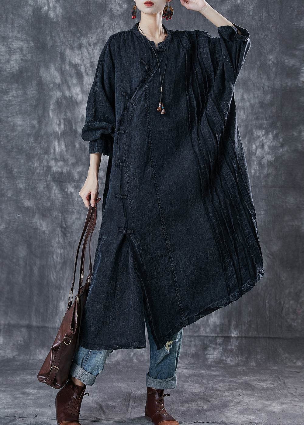 Boho Black Oversized Wrinkled Denim Oriental Dress Spring