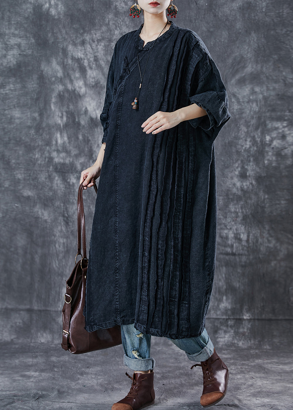 Boho Black Oversized Wrinkled Denim Oriental Dress Spring