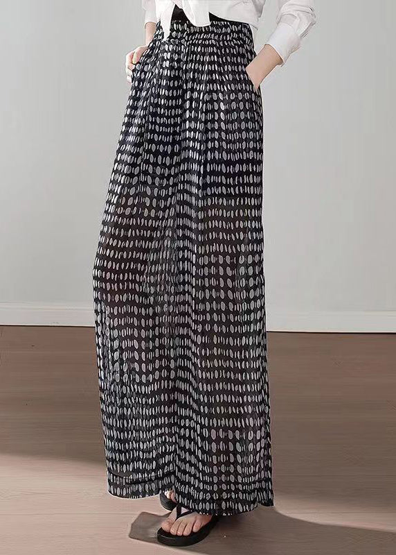 Boho Black Pockets Print Elastic Waist Chiffon Pants Summer