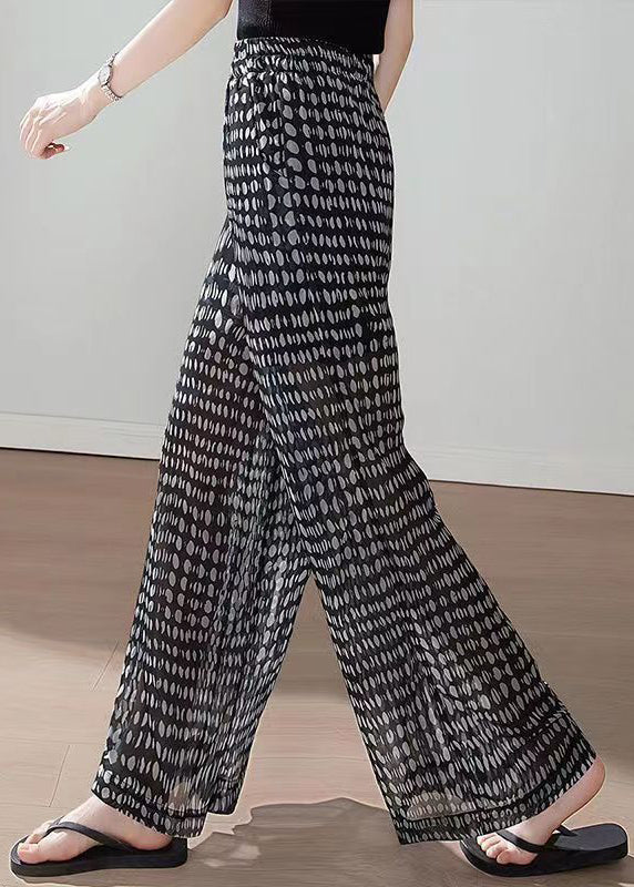 Boho Black Pockets Print Elastic Waist Chiffon Pants Summer