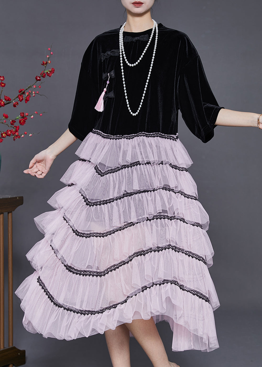 Boho Black Tasseled Patchwork Chinese Button Tulle Dress Summer