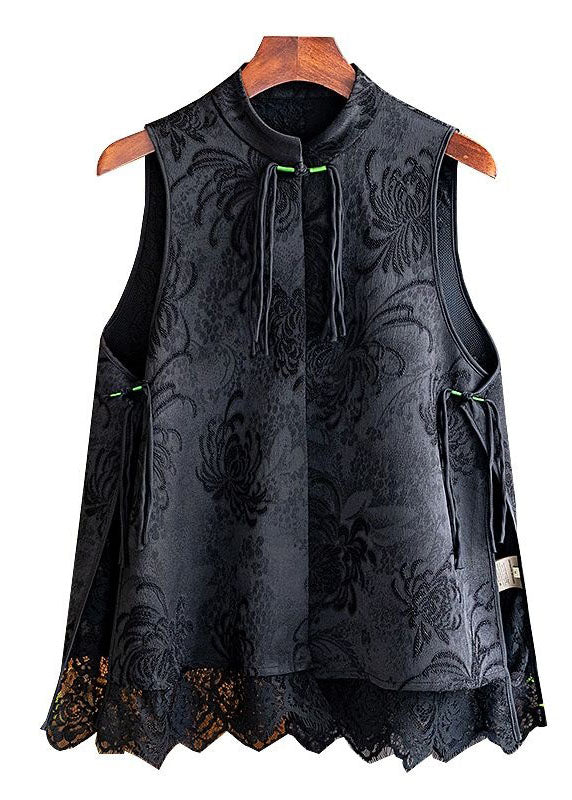 Boho Black Tasseled Patchwork Lace Side Open Silk Vest Sleeveless