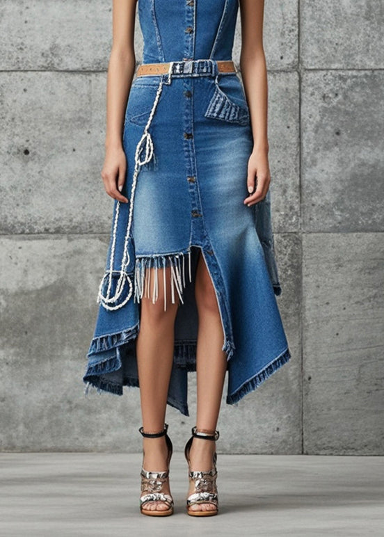 Boho Blue Asymmetrical Design Silm Fit Denim Spaghetti Strap Dress Summer