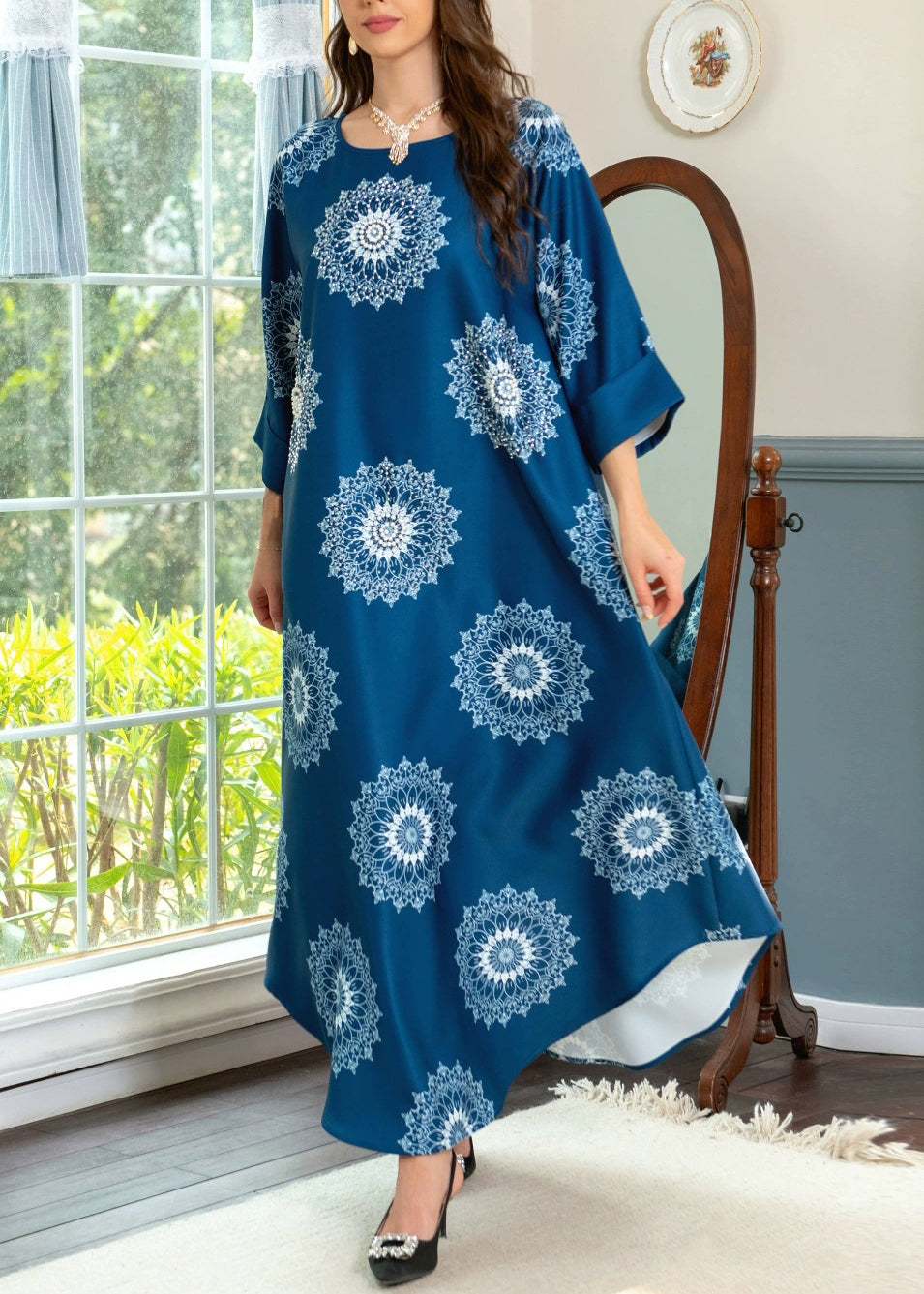 Boho Blue O Neck Print Cotton Maxi Dresses Summer