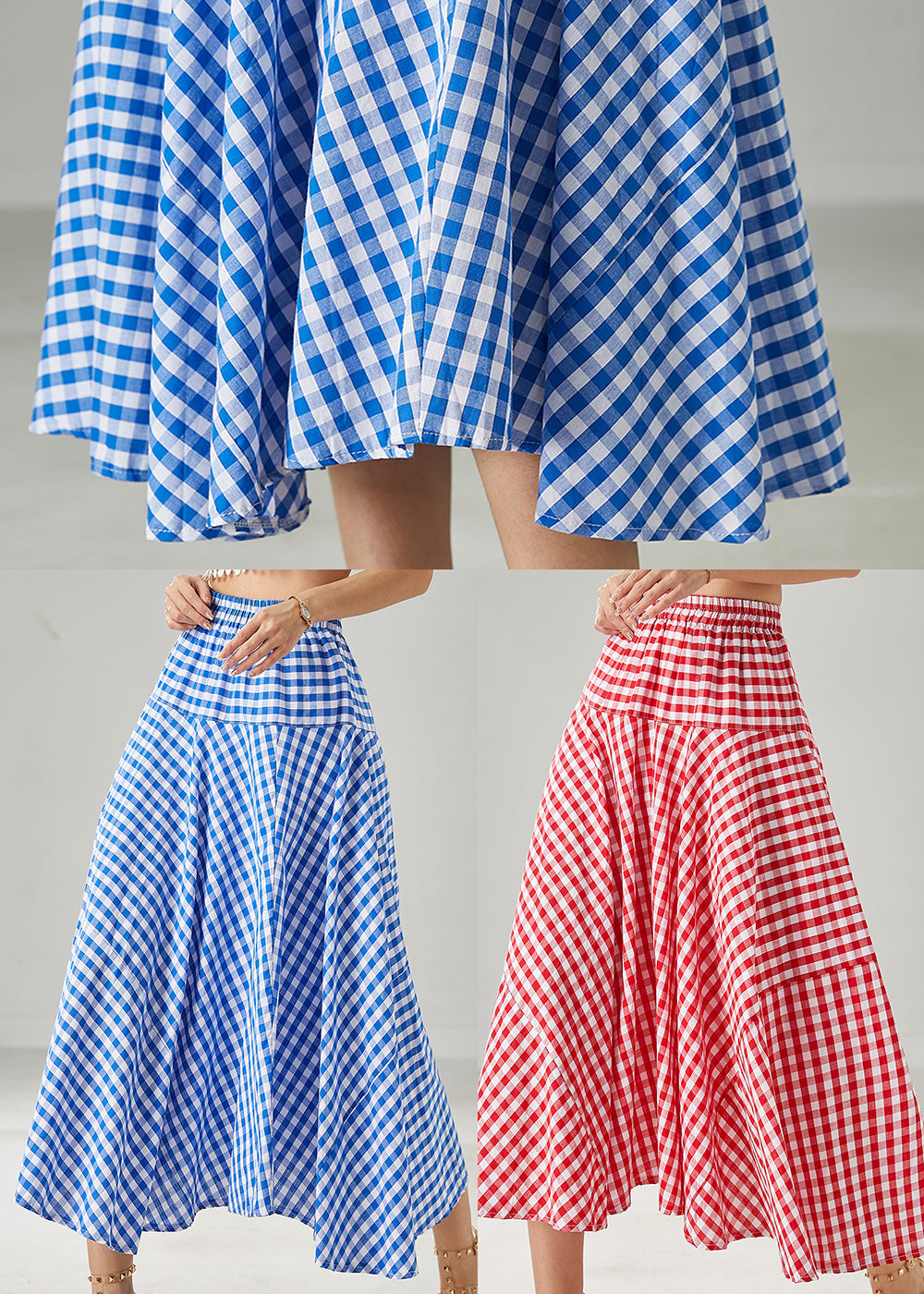 Boho Blue Plaid Exra Large Hem Cotton Skirts Summer