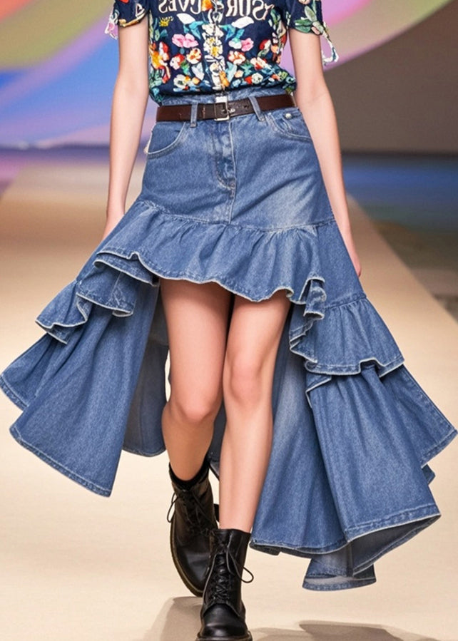 Boho Blue Ruffles Low High Design Denim Holiday Skirts Spring