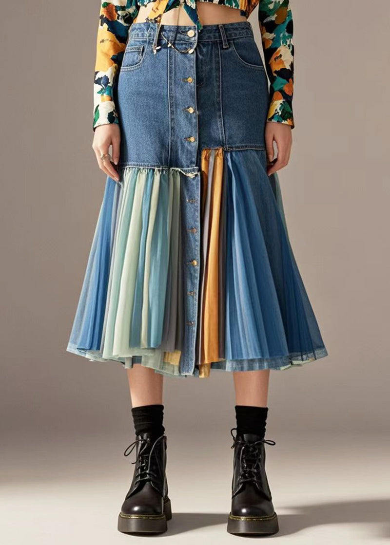 Boho Blue Silm Fit Patchwork Denim Skirt Fall